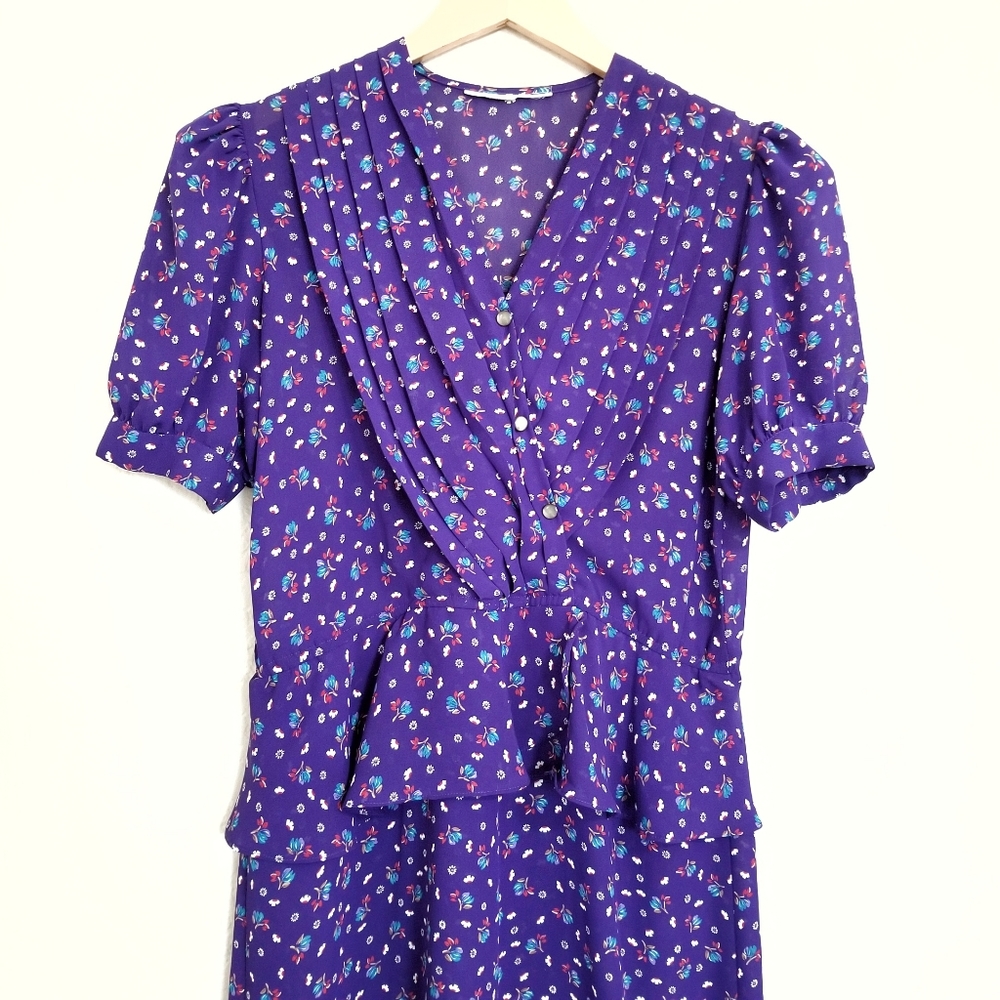 Vintage 80's Floral Print Faux Wrap Midi Dress - Picture 2 of 5